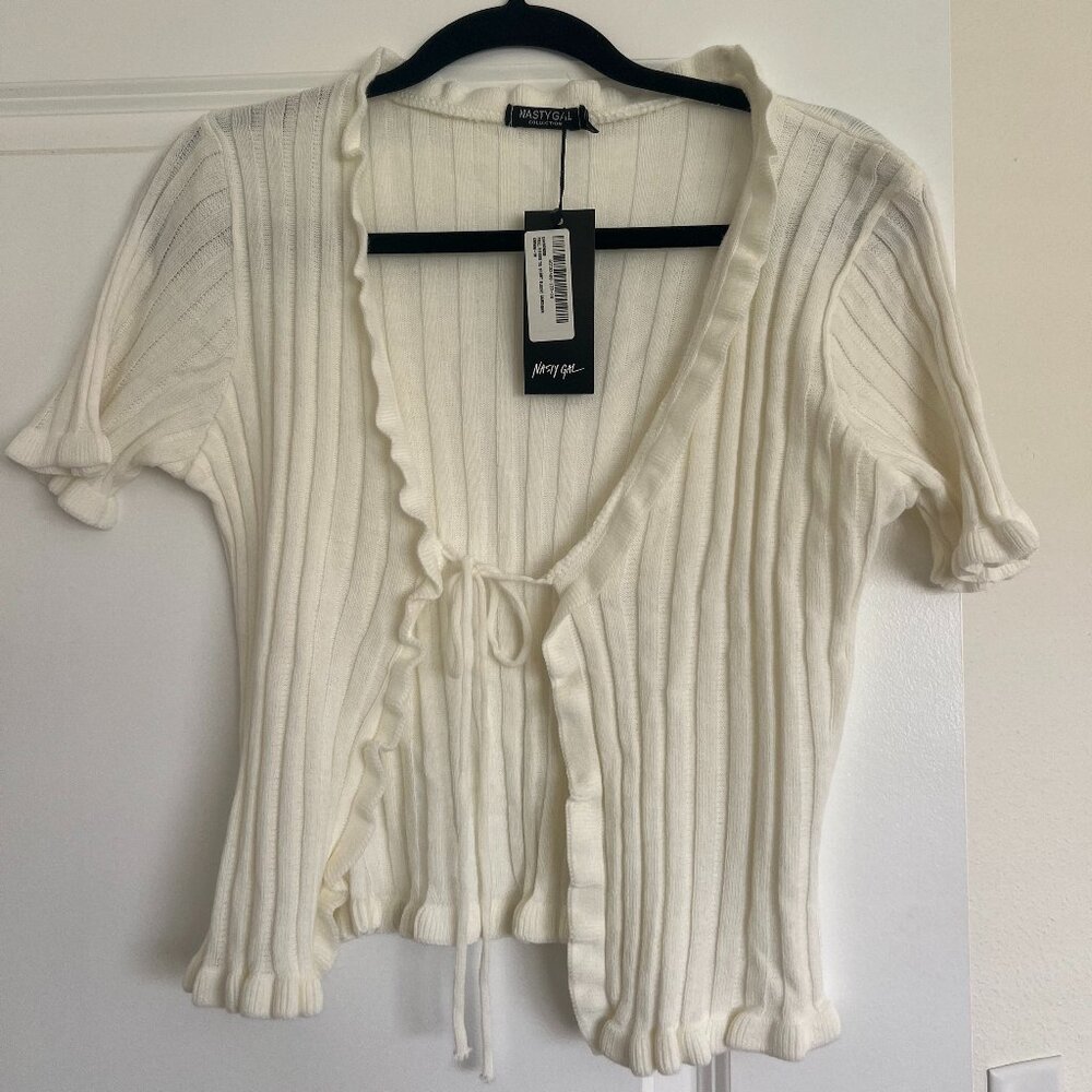 NASTY GAL Tie Front White Frill Ribbed Sleeve Top Size 6 Never Worn Tags on